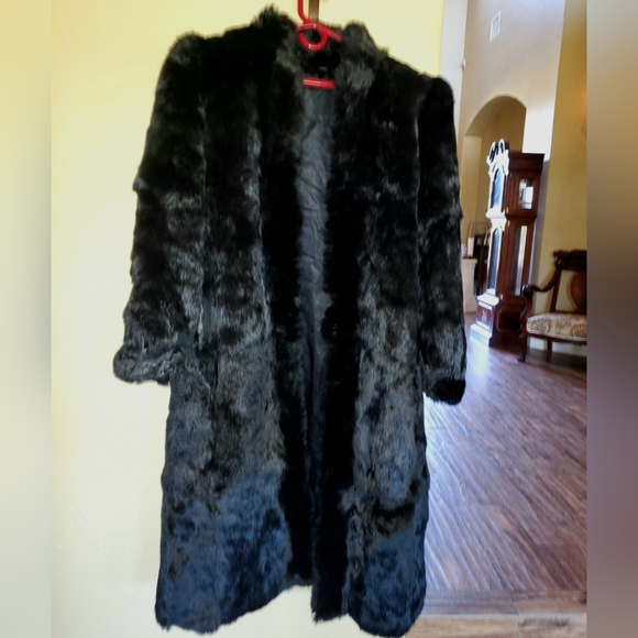Black, long, Ultra Soft Rabbit Fur Coat with Tuxedo Collar - Picture 14 of 17